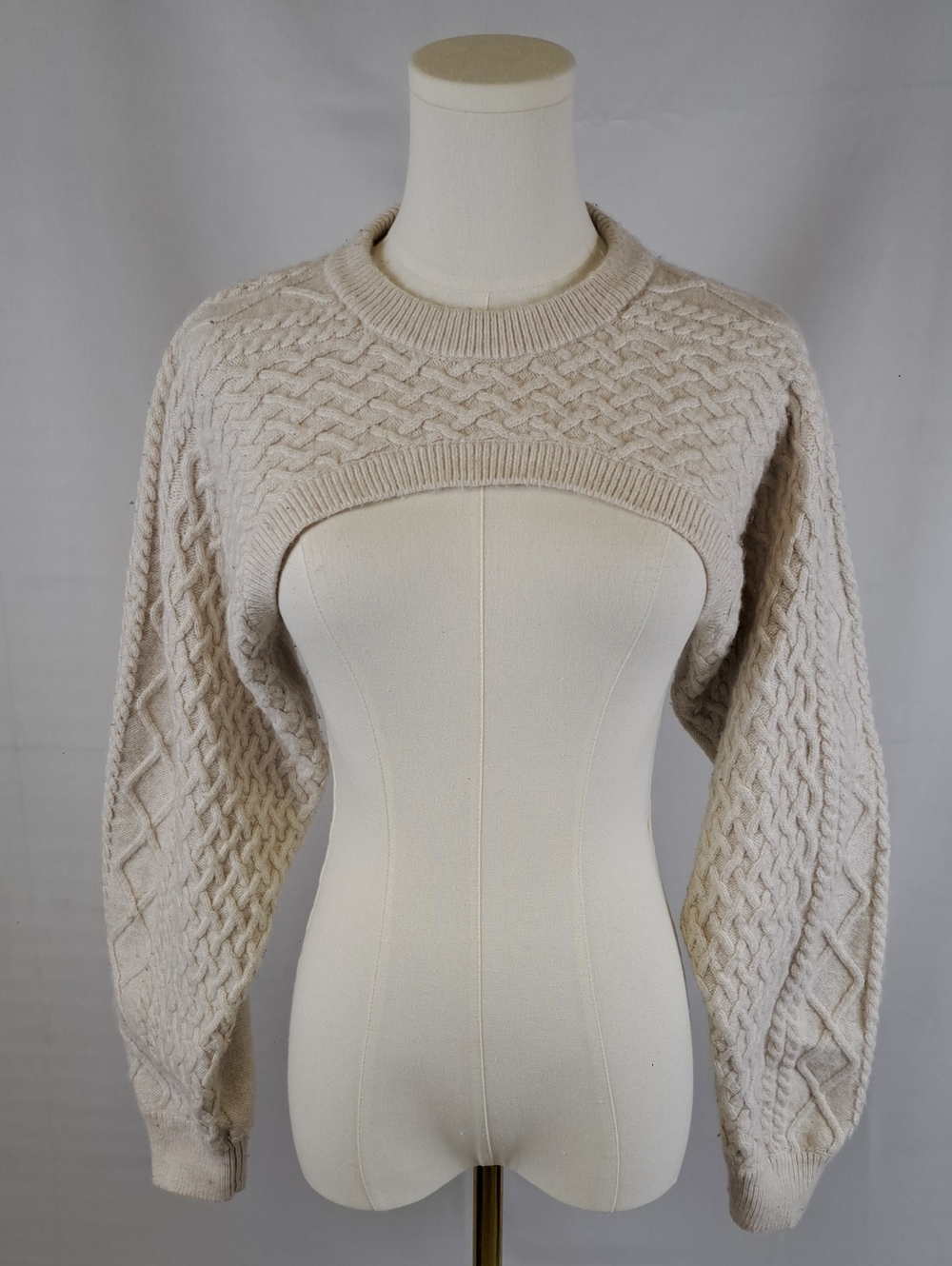H&M Beige Cropped Cable Knit Shrug Sweater Wool Blend Long Balloon Sleeve Y2K S